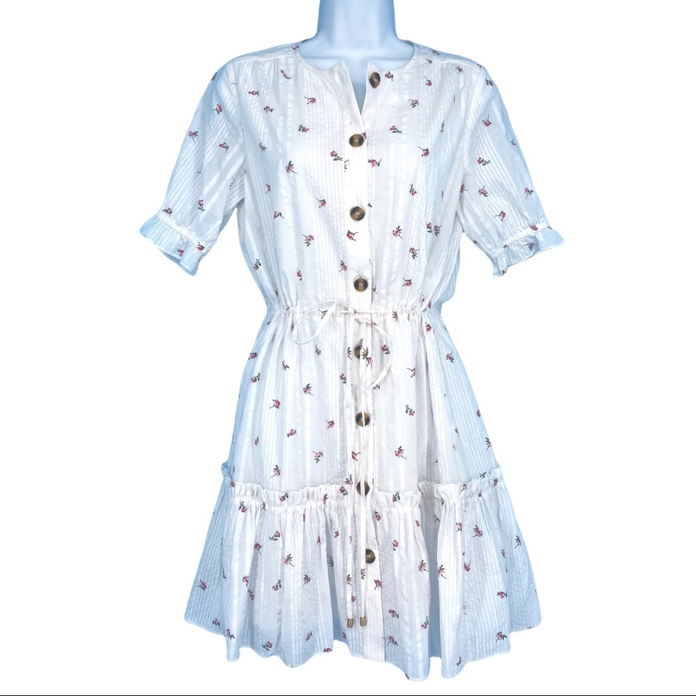 Olivaceous Dress Small Midi Button Front Drawstring Lined Waist Floral White New